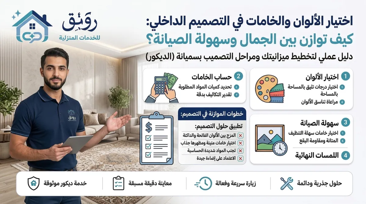 اختيار الألوان والخامات في التصميم الداخلي: كيف توازن بين الجمال وسهولة الصيانة؟