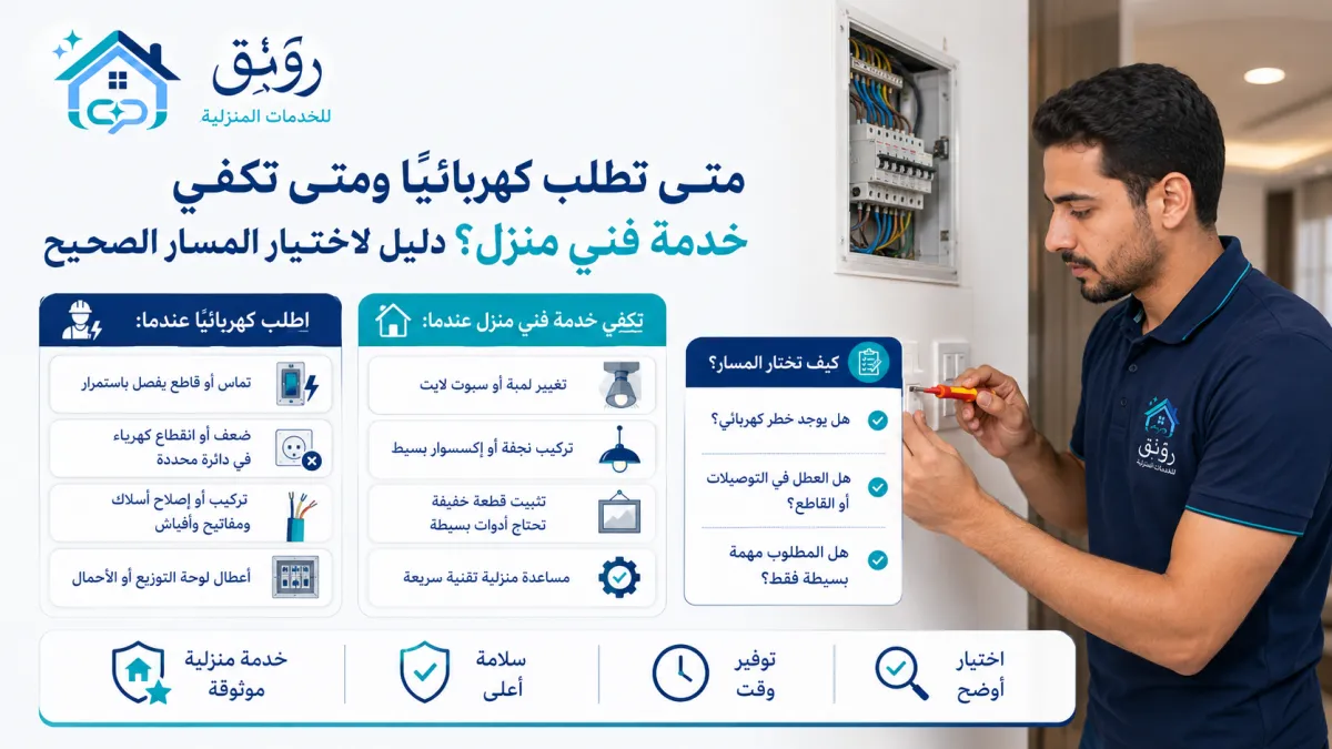 متى تطلب كهربائيًا ومتى تكفي خدمة فني منزل؟ دليل لاختيار المسار الصحيح