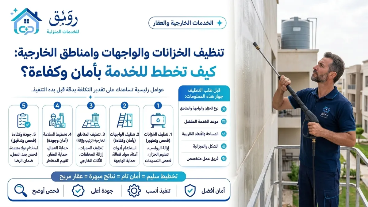 تنظيف الخزانات والواجهات والمناطق الخارجية: كيف تخطط للخدمة بأمان وكفاءة؟