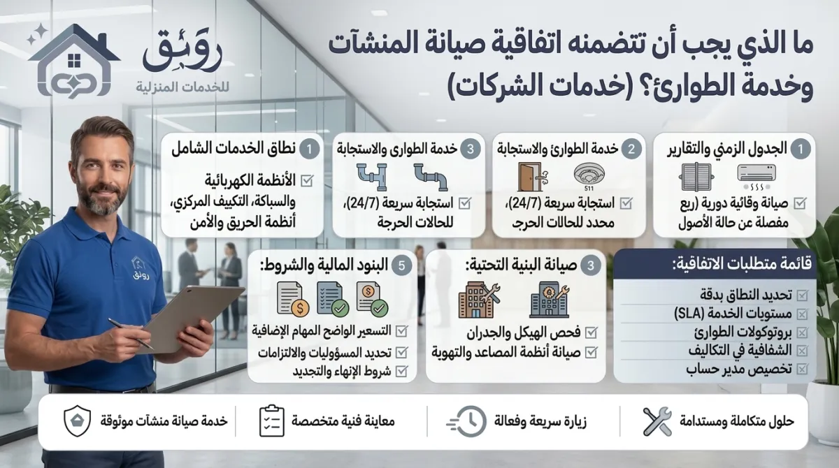 ما الذي يجب أن تتضمنه اتفاقية صيانة المنشآت وخدمة الطوارئ؟