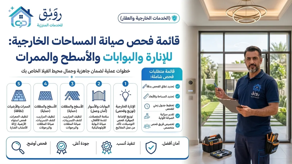 صيانة المساحات الخارجية للفيلا: قائمة فحص للإنارة والبوابات والأسطح والممرات